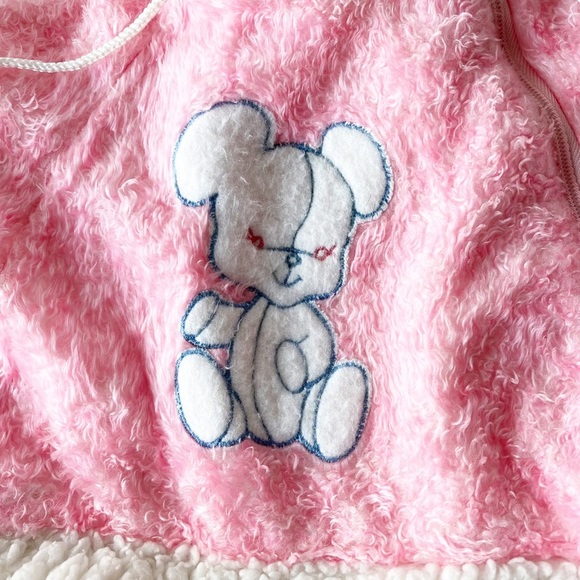 VINTAGE Pink Fuzzy Hooded Onesie with Teddy Bear - Picture 3 of 11